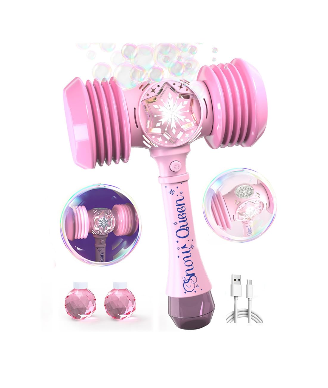Bubble Wand - Rechargeable Bubble Machine For Kids With Squeaky Toy Hammer & Led Light - Outdoor Toys Gifts For Toddlers Ages 3+
