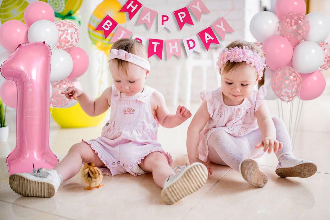 Yumiche First Birthday Decorations for Girl - Pink Balloon Set, 40" '1' Balloon, White Confetti, Happy Birthday Banner