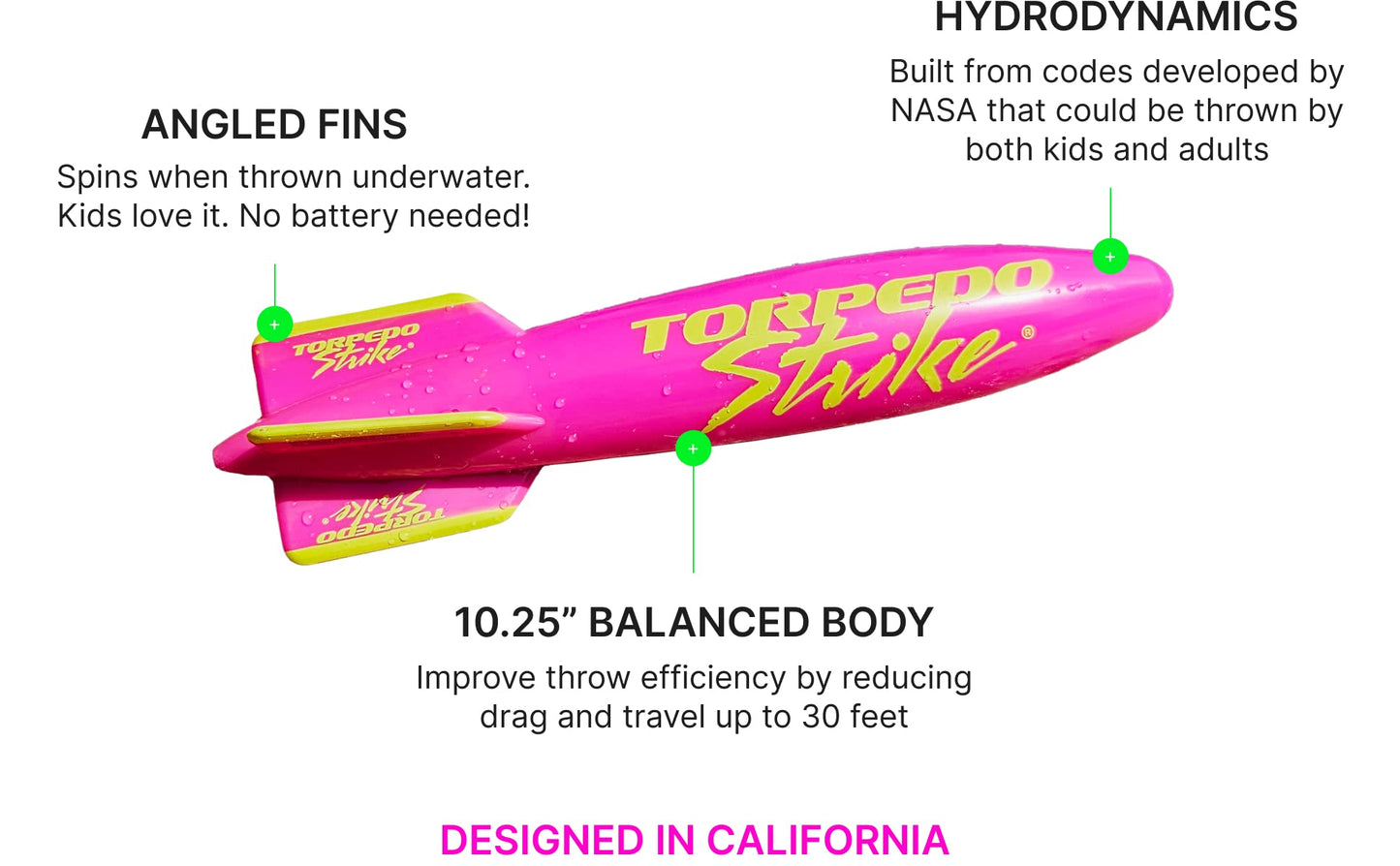 Torpedo Strike Spinfin 10.25'' Large Pool Torpedo Rocket Spins & Glides Up To 30 Feet Like Underwater Football For Under Water P