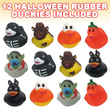 Artcreativity Assorted Halloween Ducks For Jeeps (Pack Of 12) - Variety Of Mini Rubber Halloween Characters, Trick Or Treat Supplies, Goodie Bag Fillers, Party Favors, Halloween Themed Bathtub Toys