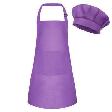 Bouboni Kids Apron And Chef Hat Set (Purple) - Unisex Child, Adjustable, Polyester, 2 Pockets, For Cooking, Baking, Painting