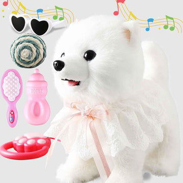 Walking Barking Singing Samoyed Puppy Toy, Repeats What You Say, Realistic Licking Tongue Wagging Tail Mechanical Dog With Touch Or Handle Control, Interactive Musical Plush Pet For Kids