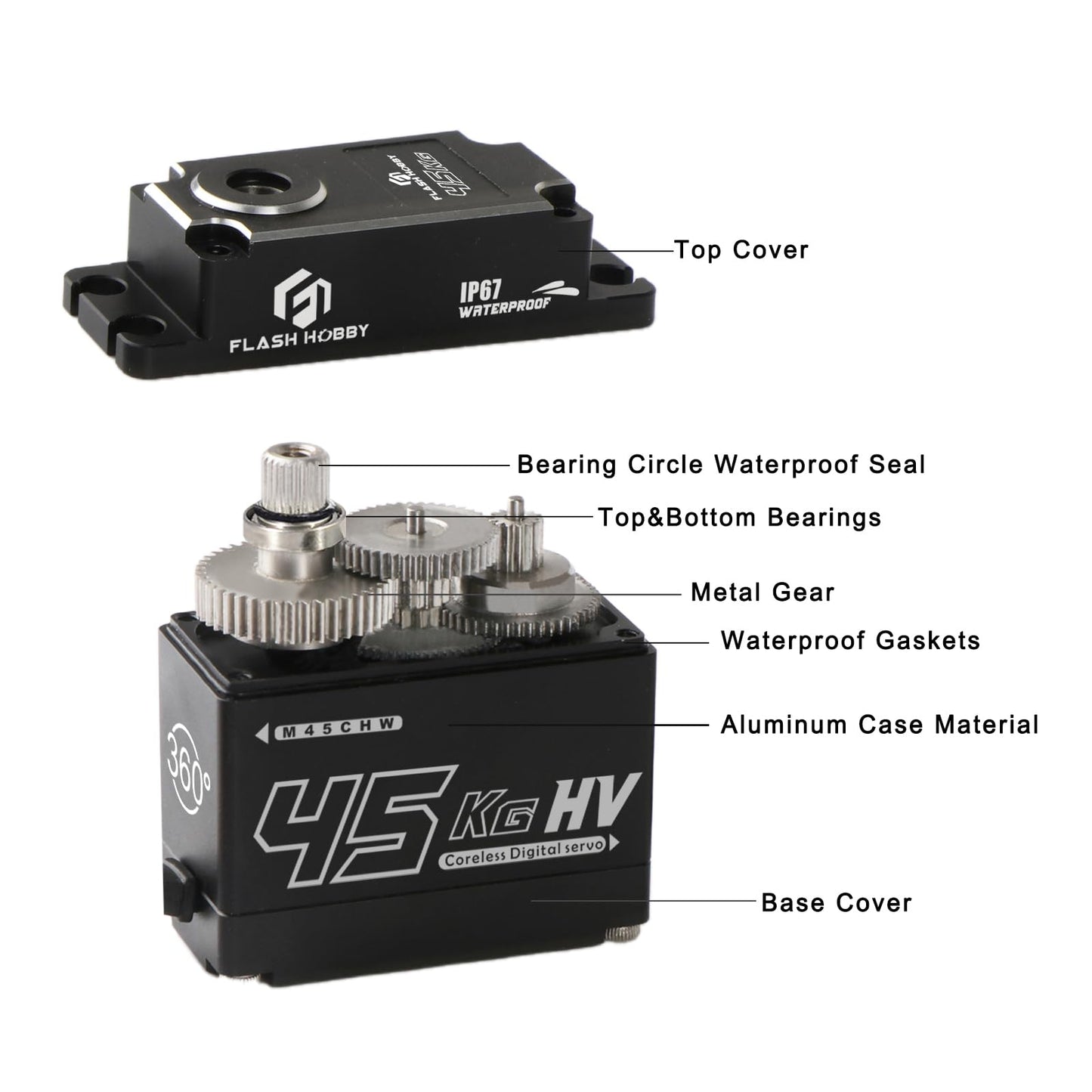 FLASH HOBBY 45KG Coreless Servo 8.4V High Torque Full Metal Gear Servo, IP67 Waterproof Steering RC Servo with Control Angle 360