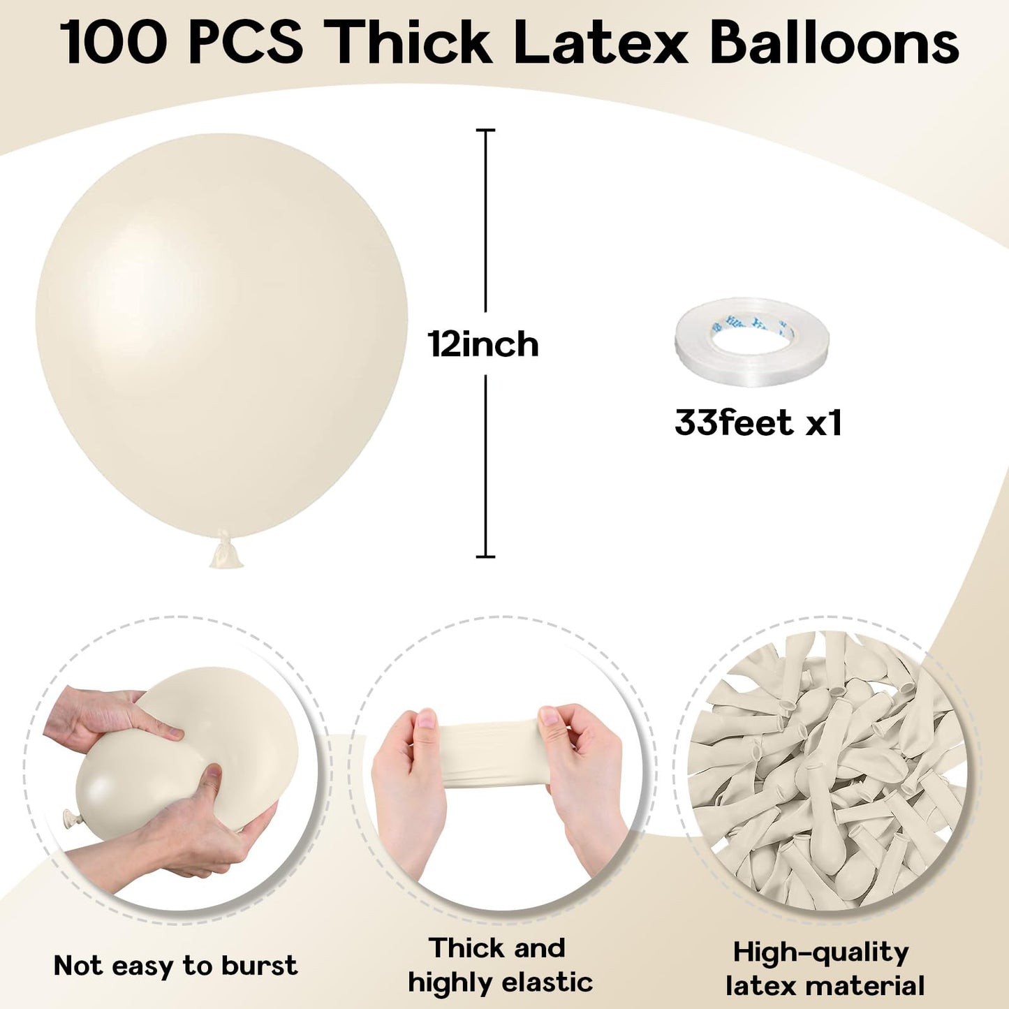 Jobkoo Sand White Balloons 12 Inch, 100 Pack Beige Balloon Boho White Latex Cream Balloons Matte Retro Off White Sand Neutral Pa