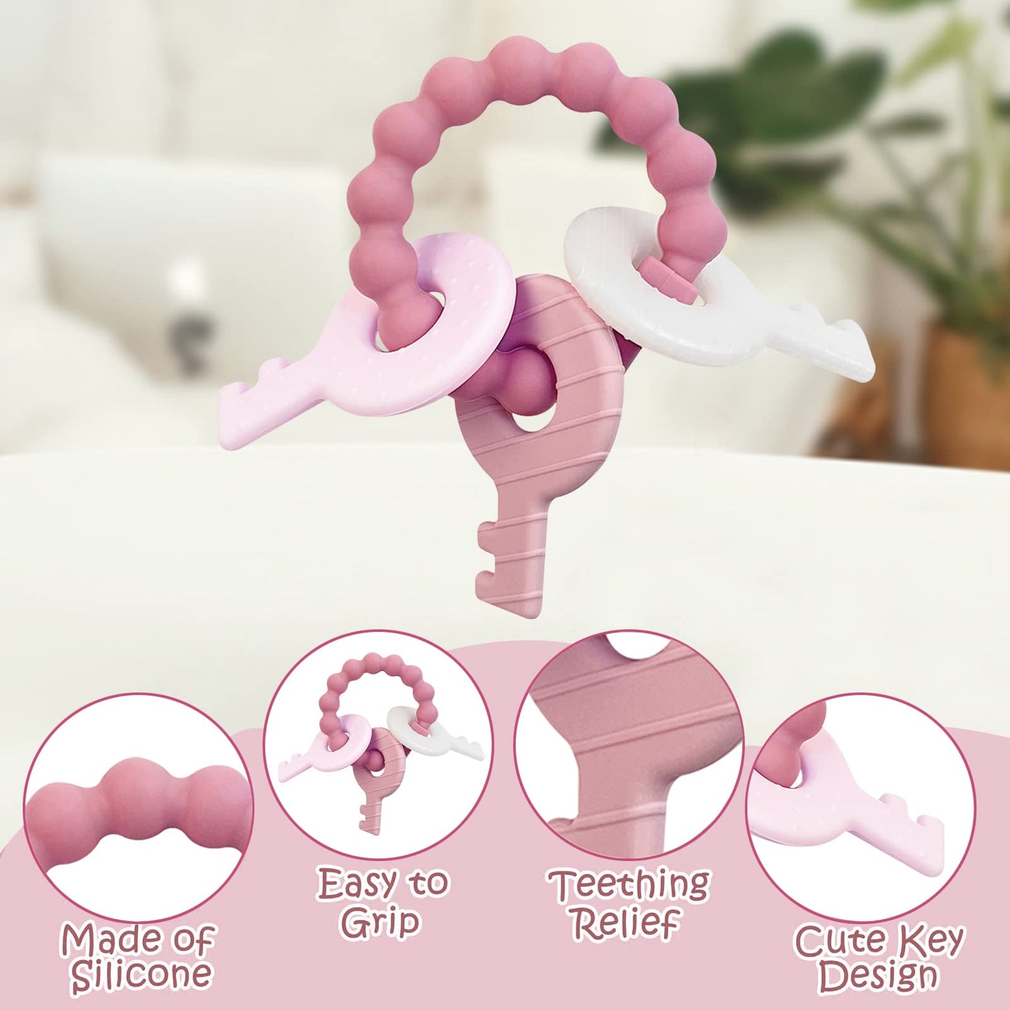 Yapromo Teething Keys For Baby 3-18 Months, Infants/Toddlers Sensory Chew Toys, Cute Teether Keys For Baby Girl, Soft Silicone T
