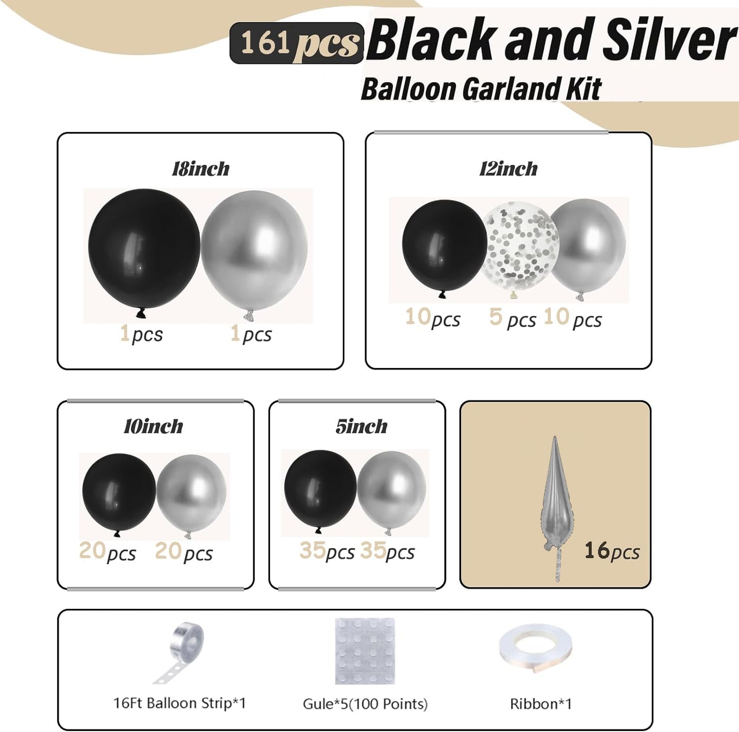 Bonropin 161Pcs Black And Silver Balloons Garland Arch Kit With Explosion Star Balloons, 5/10/12/18In Metallic Sliver And Black
