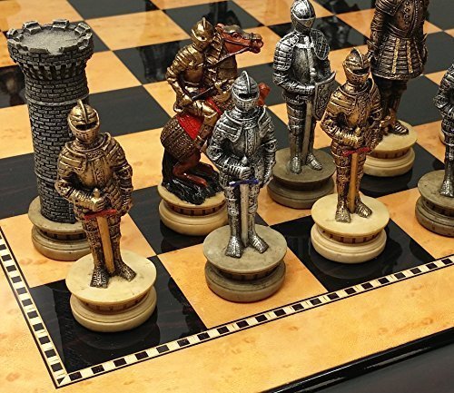 WW/HPL Medieval Times Chess Set - Gold & Silver Warrior Knights with 15" High Gloss Dark Walnut & Birdseye Maple Board