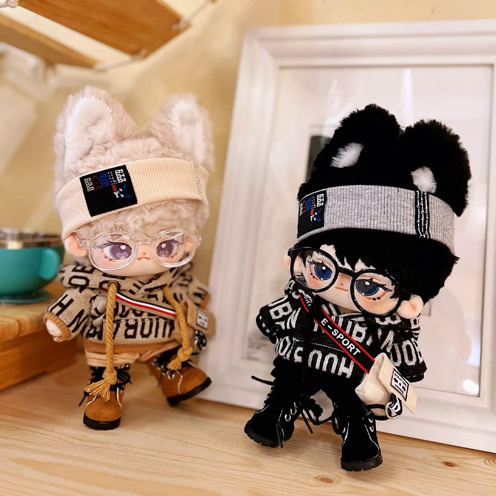 Niannyyhouse 20Cm Plush Doll Clothes Loose Hip-Hop Suit Headwear Hoodie Pants Backpack Glasses Shoes 8In Doll Accessories (Black, 20Cm)