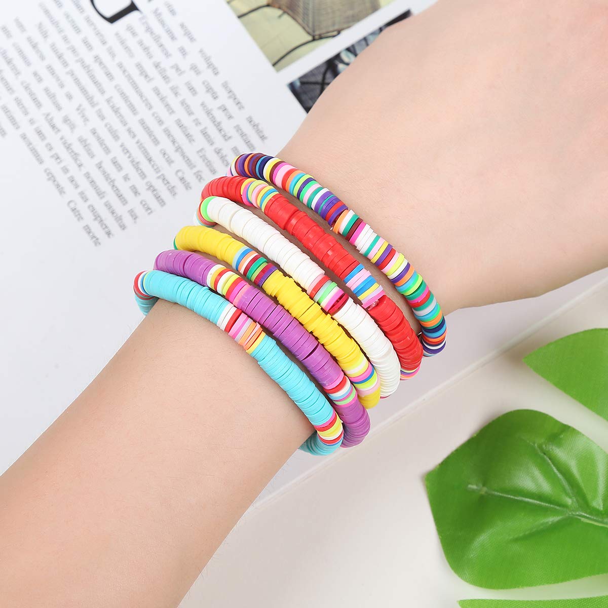 Cooluckday Heishi Surfer Bracelets For Women Boho Beaded Bracelet Friendship Polymer Clay Rainbow Bracelet Stack Vinyl Disc Stac