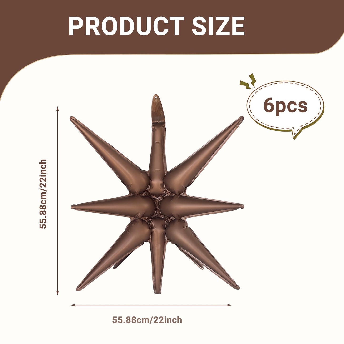 6 Pcs Brown Star Foil Balloons One-Piece 14-Pointed Star Balloons 4D Starburst Cone Mylar Balloons 22Inch Christmas Birthday Wed