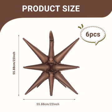 6 Pcs Brown Star Foil Balloons One-Piece 14-Pointed Star Balloons 4D Starburst Cone Mylar Balloons 22Inch Christmas Birthday Wed