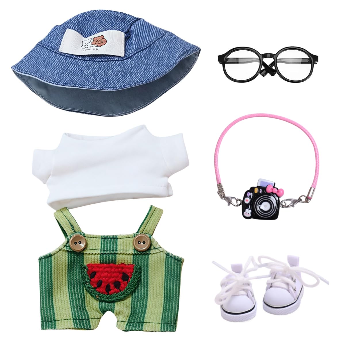 17cm Doll Designer Clothes  Dolls enhanced Outfit Set Accessories with Tshirt  Green Overall  Black Camera  Glasses  Shoes  Demin Bucket Hat  Green