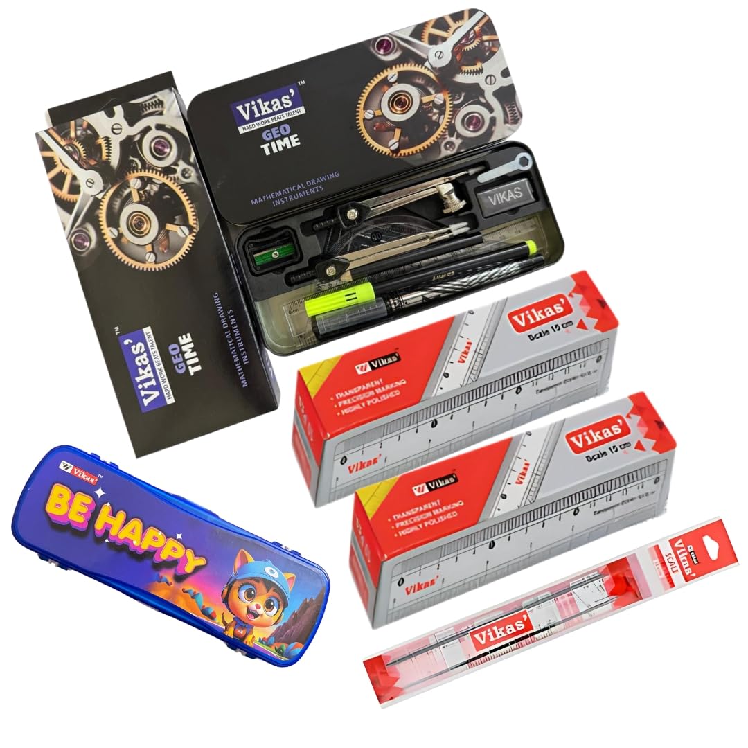 Vikas Geo Time 2026 Edition Geometry Box + Ultra Pencil Box + 20 Pcs 15Cm Scale Combo | School Exam Combo Pack | Durable Station