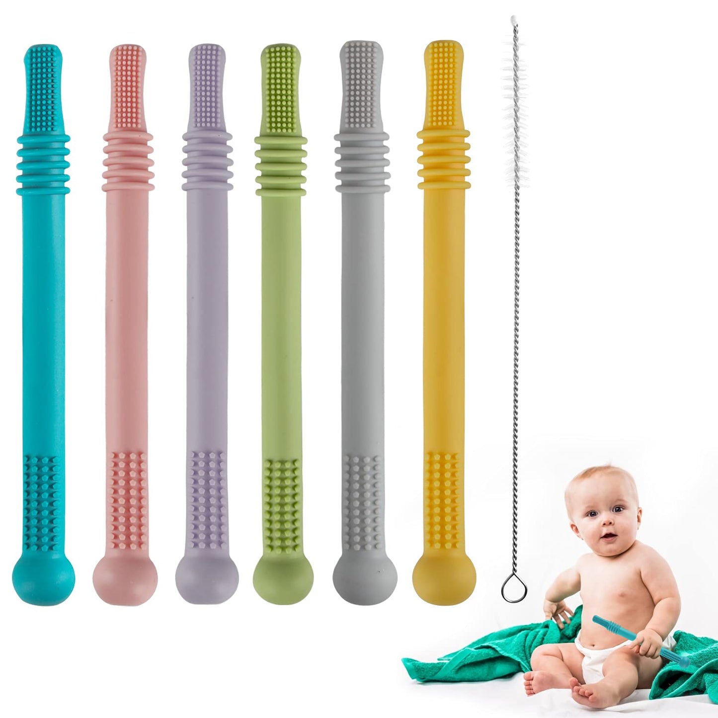 Fu Store Hollow Teether Tube - 6 Pack Silicone Chew Straw Toys for Infants, BPA Free, Multicolor, Safe for Freezing and Dishwashing