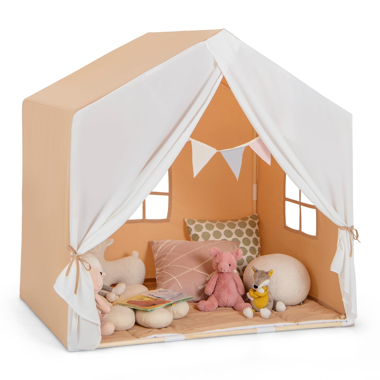 Costzon Large Kids Tent With Mat, Children'S Play Tent W/Flag Banner, Windows, Gauze Curtain, Solid Wood Frame, Indoor Outdoor Kids Playhouse For Boys & Girls Age 3 + (Orange)