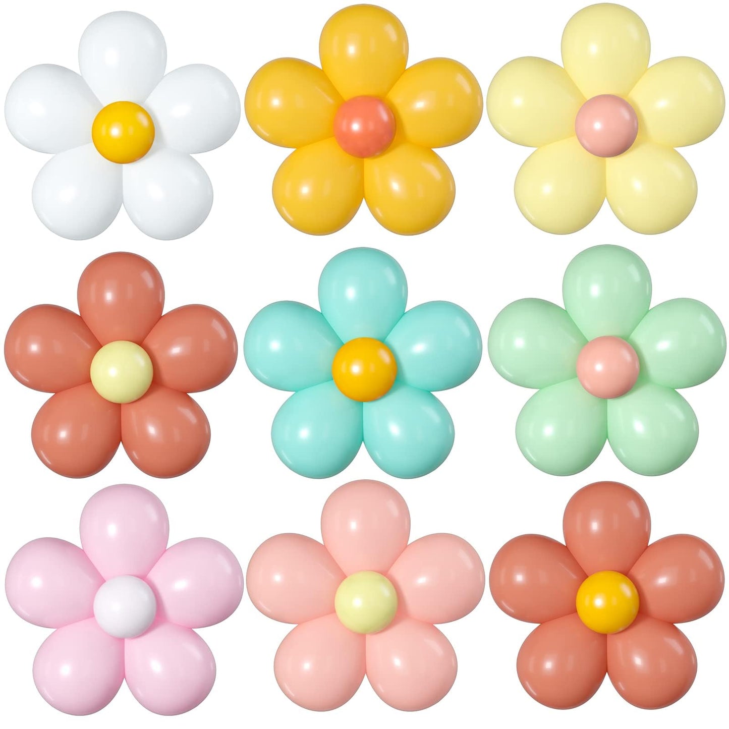 BTZO 16 Set Daisy Flower Balloons Kit - Multicolor Rubber Decorations for Birthday, Baby Shower, Wedding, and Retro Theme Parties
