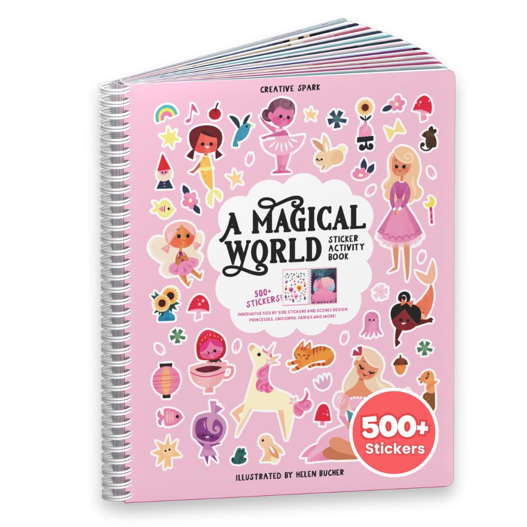 CUPKIN Magical World Princess Coloring Book with 500+ Stickers, Fun for Girls 2-12, Pink, Paper, Side by Side Activity Design
