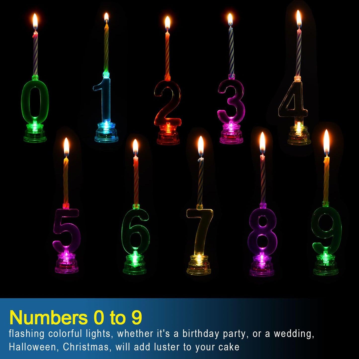 Boao 50 Pcs Birthday Number Candle Set Includes 10 Pcs Multicolor LED Flashing Number Candles with Transparent Shell and 40 Pcs