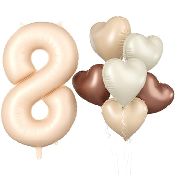 Biapian 40 Inch Light Brown Number 8 Balloons, Caramel Giant 8Th Birthday Balloons With Foil Cream Heart Balloon Helium For 8Th