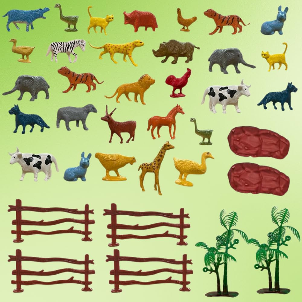 Playmagic Animal Figure Toy Set Of 31 Pieces | Farm & Jungle Playset With Artificial Tree & Fencing | Birthday & Return Gifts | 