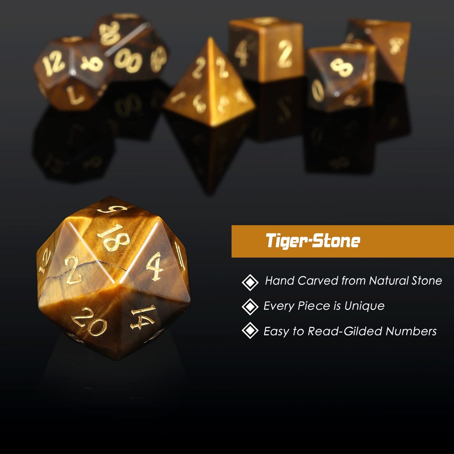 Tiger-Stone Dice Set D&D,DNDND 7PCS Full Set Natural Stone Dice Set with Grogeous Gift Case for Dungeons and Dragon and Tabletop