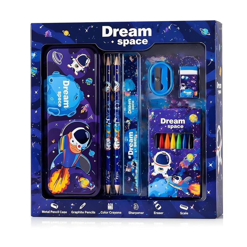Kids Stationery Set For Boys & Girls | 12Piece School Supplies Kit With Pencils, Eraser, Sharpener & Ruler | Learning Gift Set 