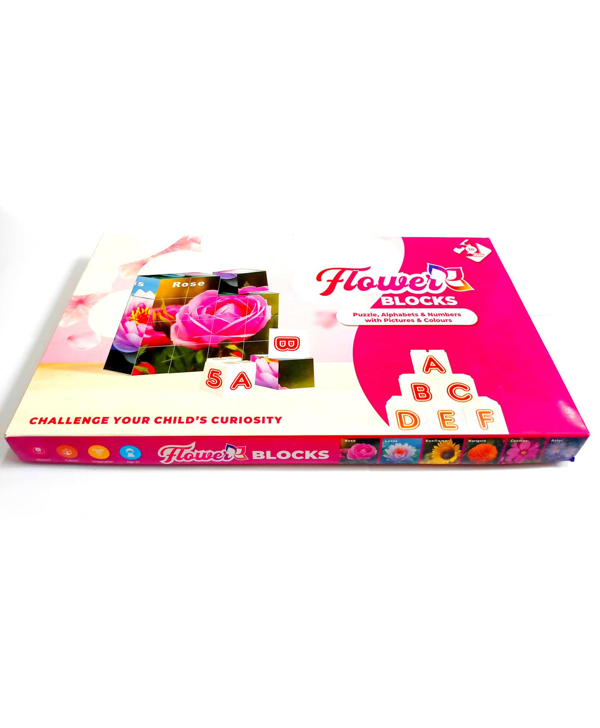 Fingo Brain Flower Blocks Puzzle Alphabets & Number with Pictures & Colors . Pink