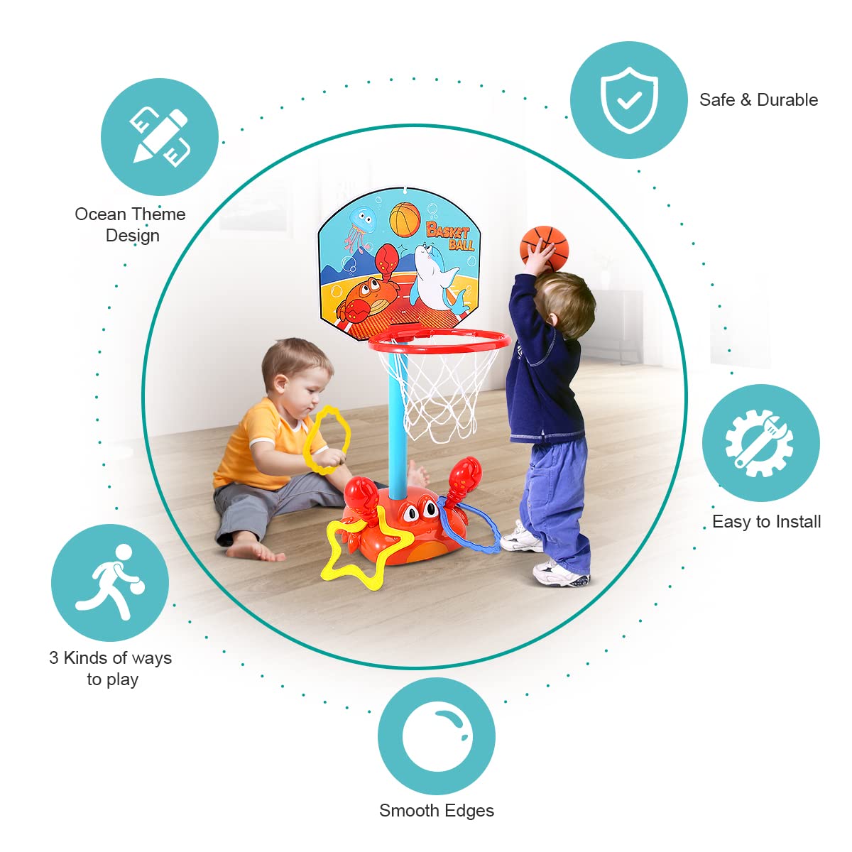 Toddler Basketball Hoop, 2 In 1 Sports Toy Set For Kids, Ring Toss Game With Music Sound, Baby Basketball Hoop For Indoor Play