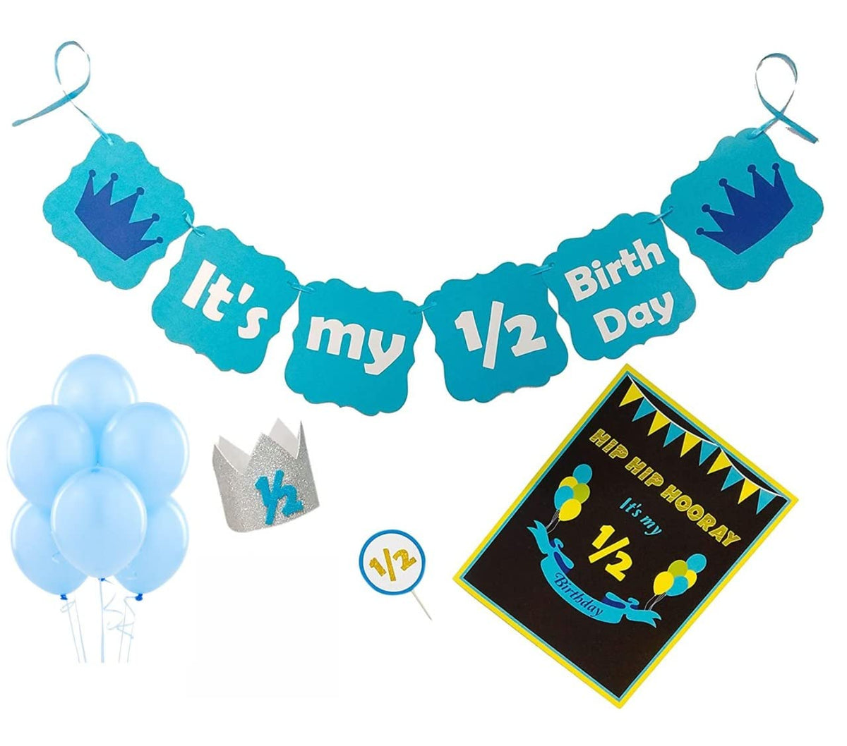 Untumble Half Birthday Decorations For Baby Boy In Blue, Six Month Photo Shoot Pack, 6 Month Party Kit With Rubber Balloons, 1/2