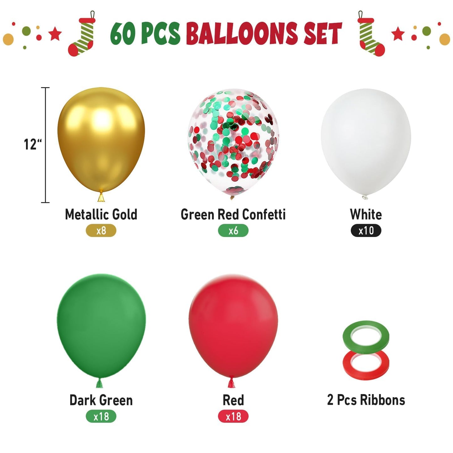 Funhot Christmas Balloons, 60 Pcs Red Green Gold Balloons, 12 Inch Red Green Confetti Balloons Metallic Gold Helium Balloons Whi