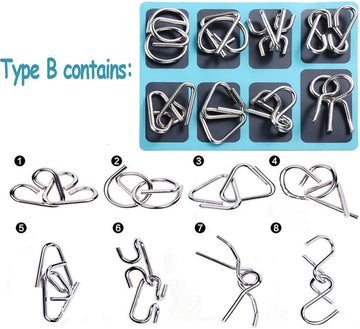 Tanch 16 Pcs Type A+B Different Brain Teaser Metal Wire Puzzles Iq Challenge Magic Trick Unlinking & Linking Game Toys For Kids
