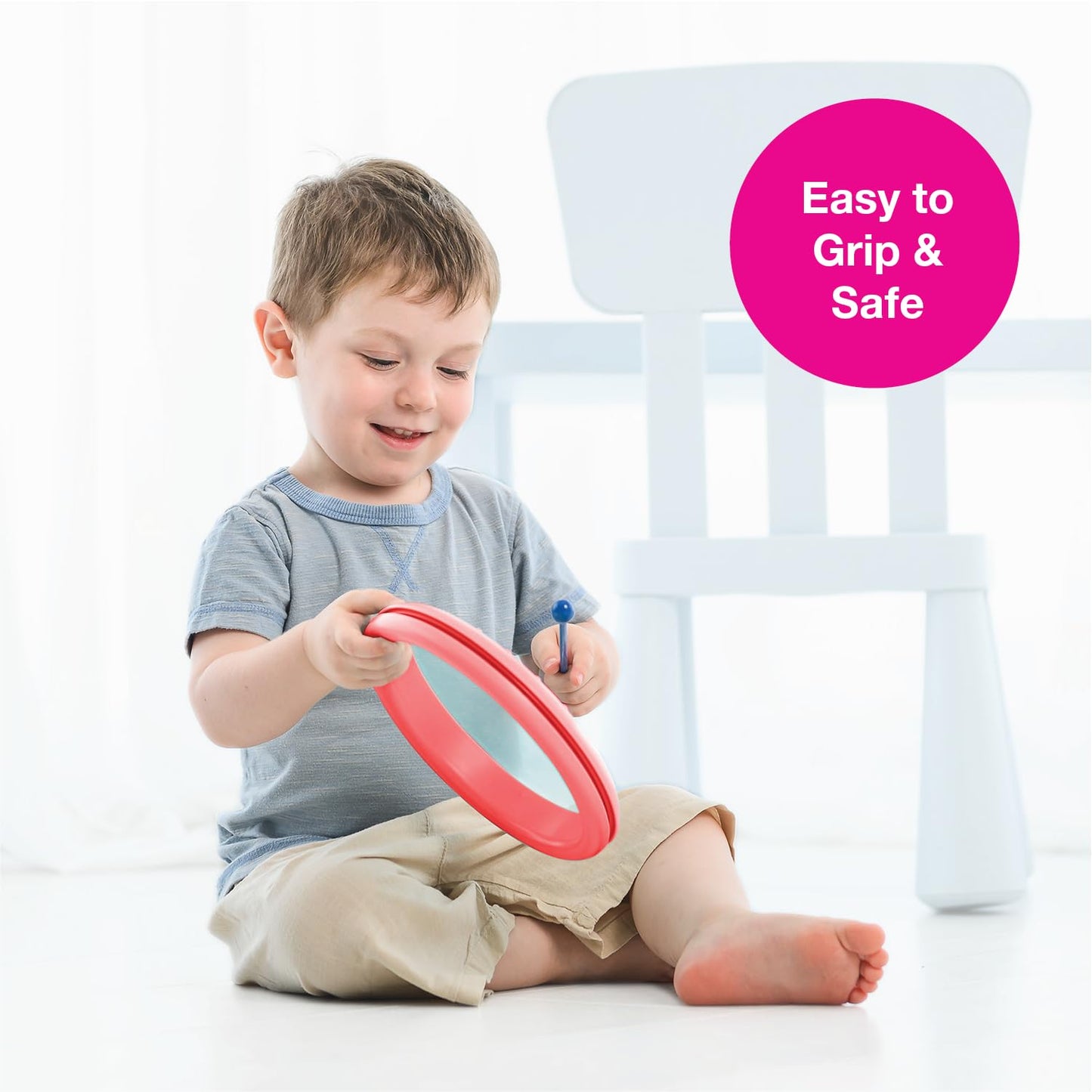 Edushape Classic Flat Drum for Baby with Easy-Grip Mallet - Set of 1 Red Color Baby Drum Toy for Toddlers, 2-Year Old and Up - S