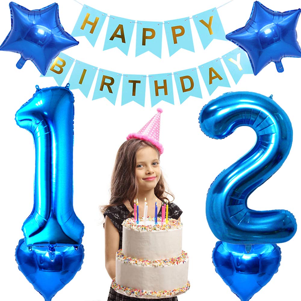 Huture 12 Birthday Party Supplies Blue Number 12 Foil Balloon Happy Birthday Banner Kit 12Th Birthday Decoration White Blue Late