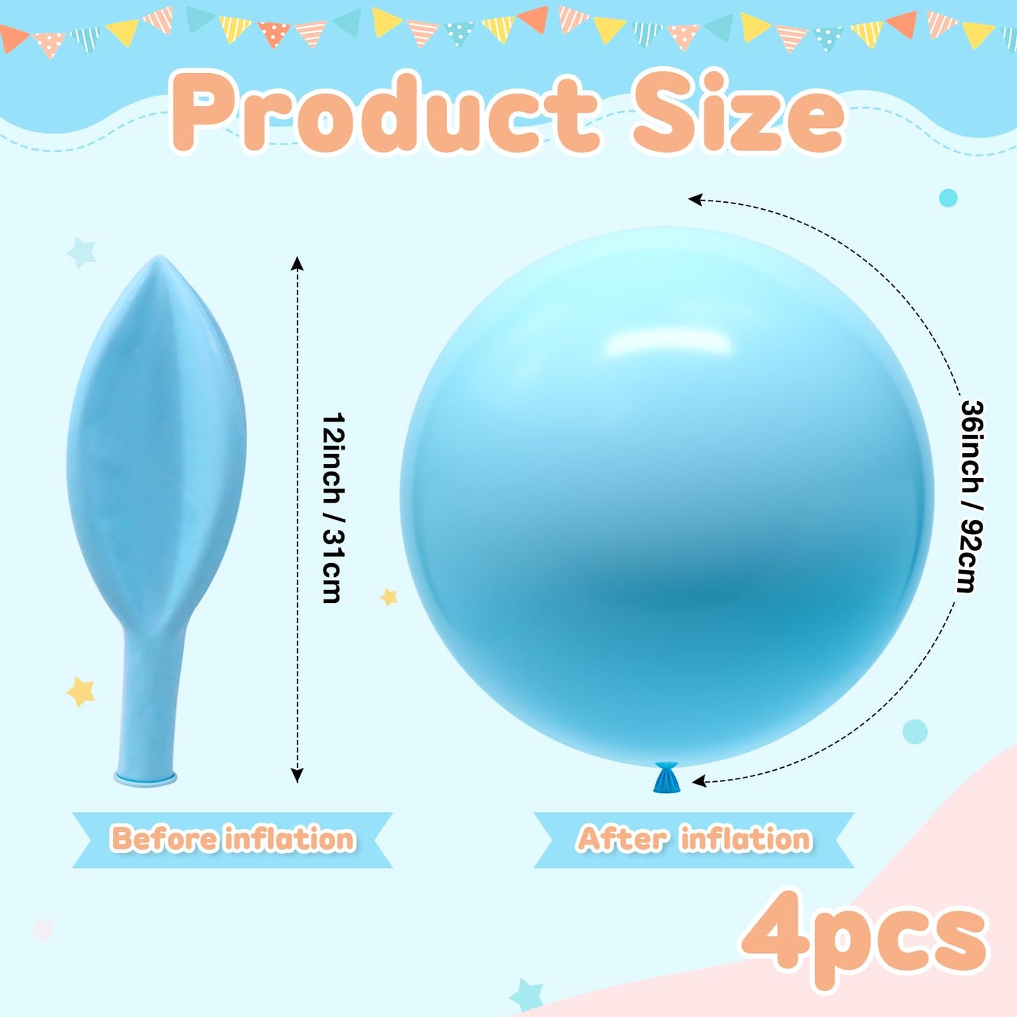 Giant Balloons 36 inch balloons, 4pcs Jumbo Pastel Blue Balloons Large Latex Balloons for Party Decorations, Birthday Decoration