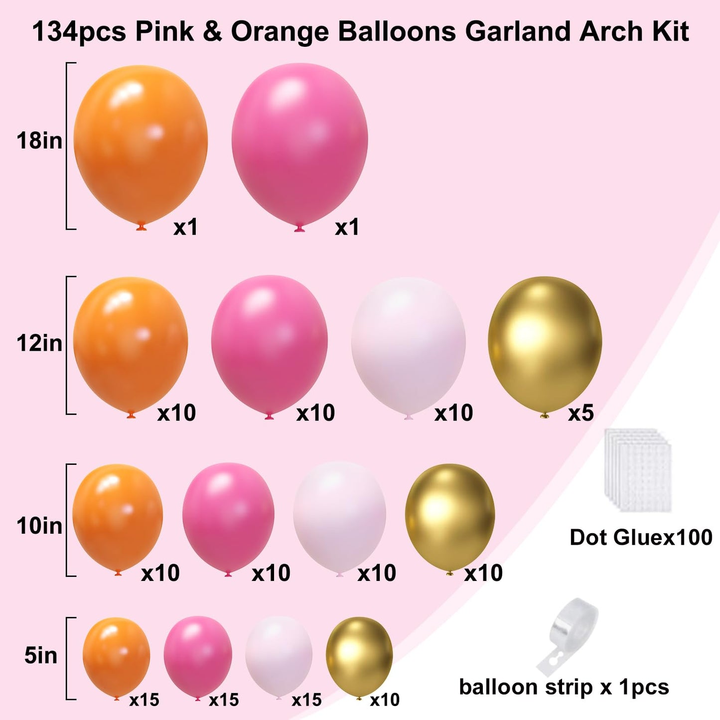 Pink And Orange Balloon Arch Kit, 134Pcs Hot Pink Orange Metallic Gold Latex Balloons With Different Size For Birthday Baby Show
