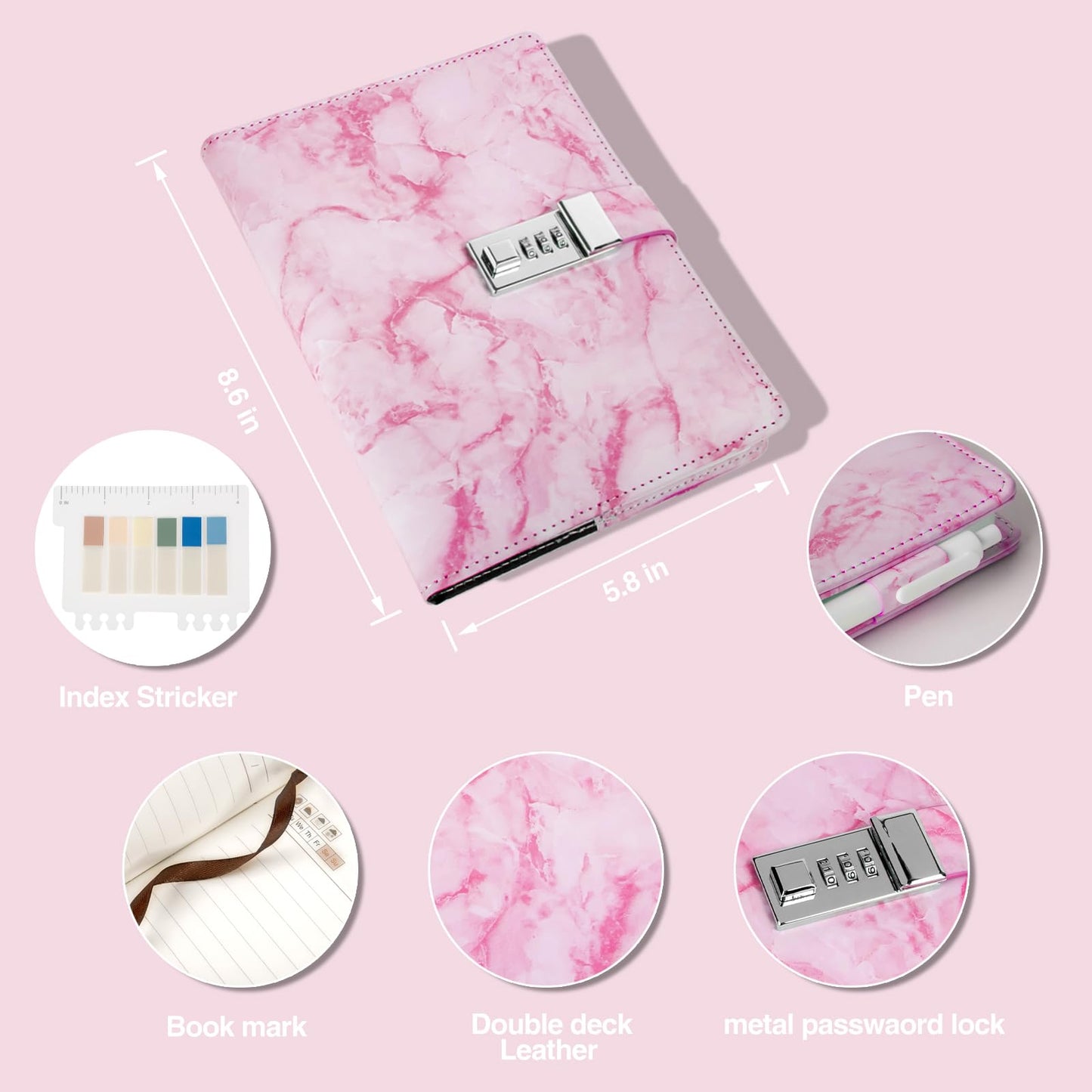 Kutoda Marble Diary With Lock, 2 Pack 192 Pages College Ruled Secret Journal With Lock, Waterproof Diary With Lock, A5 Journal W