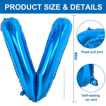 Toniful 40 Inch Large Blue Letter V Balloons Giant Alphabet Letter Balloons,Foil Mylar Big Balloons For Birthday Party Anniversa