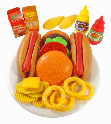 PowerTRC 26 Pc Deluxe Kids Fast Food Play Set - Pretend Burger, Hot Dog, Potato Chips, Onion Rings, Corn & More, Cooking Play Se