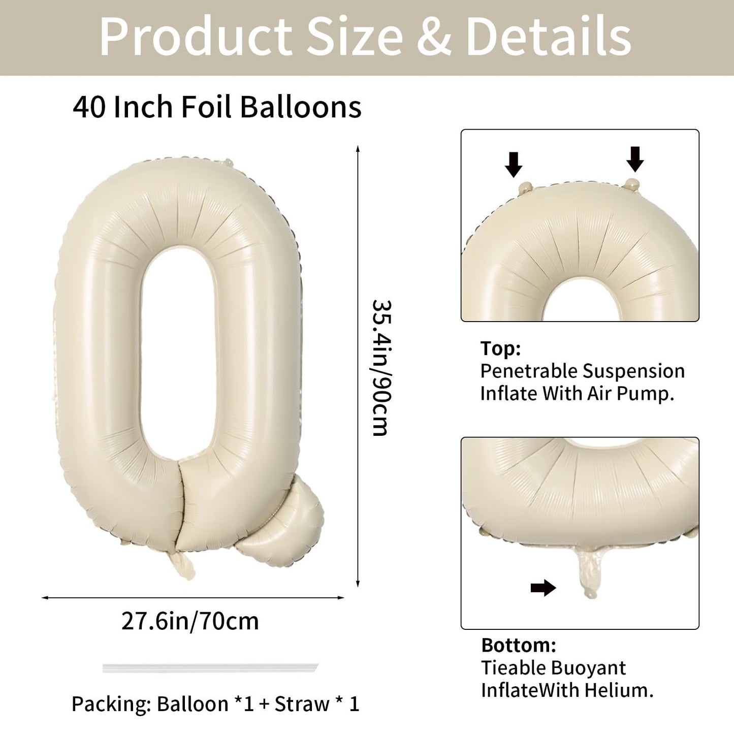 Biapian 40 Inch Letter Q Balloons, Giant Cream Q Foil Balloon, Big Single Alphabet A-Z Balloons, Beige Large Aluminum Q Balloons
