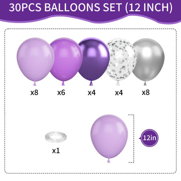 Purple And Silver Balloons, 12 Inch Purple Balloons,Silver Confetti Balloon Pastel Purple Metallic Purple Balloons,For Wedding B