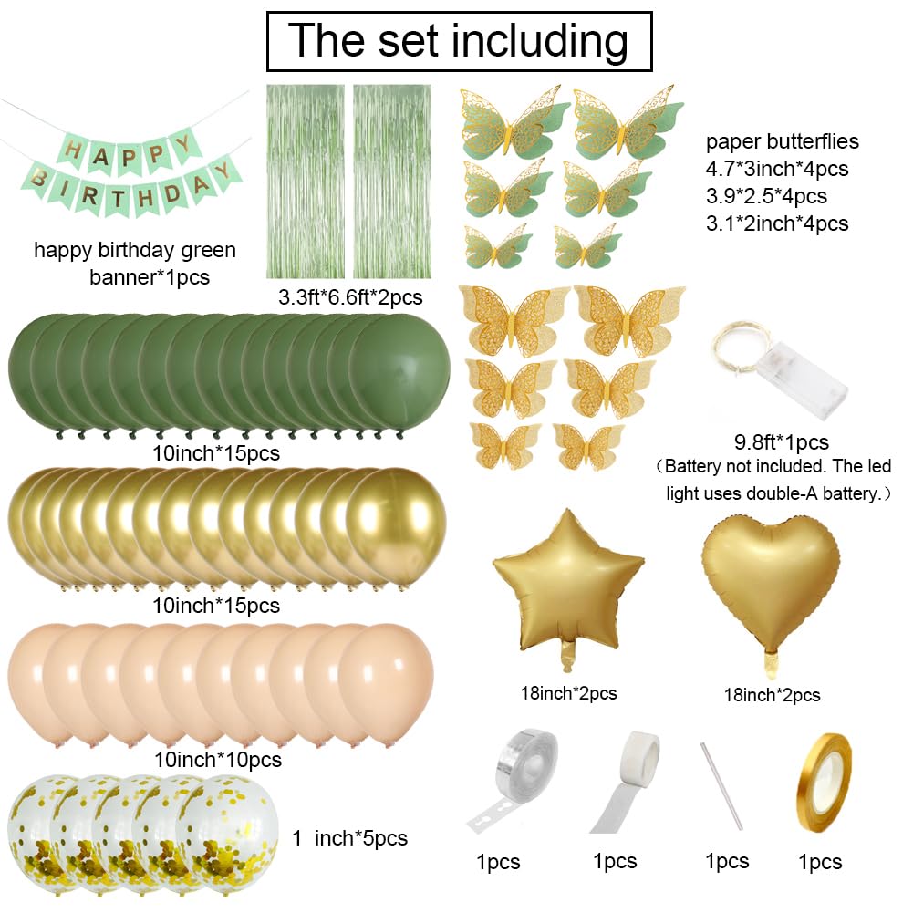 Msmancy Sage Green Birthday Decorations For Women Men 65Pcs With Happy Birthday Banner Curtains Butterfly Heart Star Led Light A