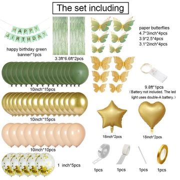 Msmancy Sage Green Birthday Decorations For Women Men 65Pcs With Happy Birthday Banner Curtains Butterfly Heart Star Led Light A
