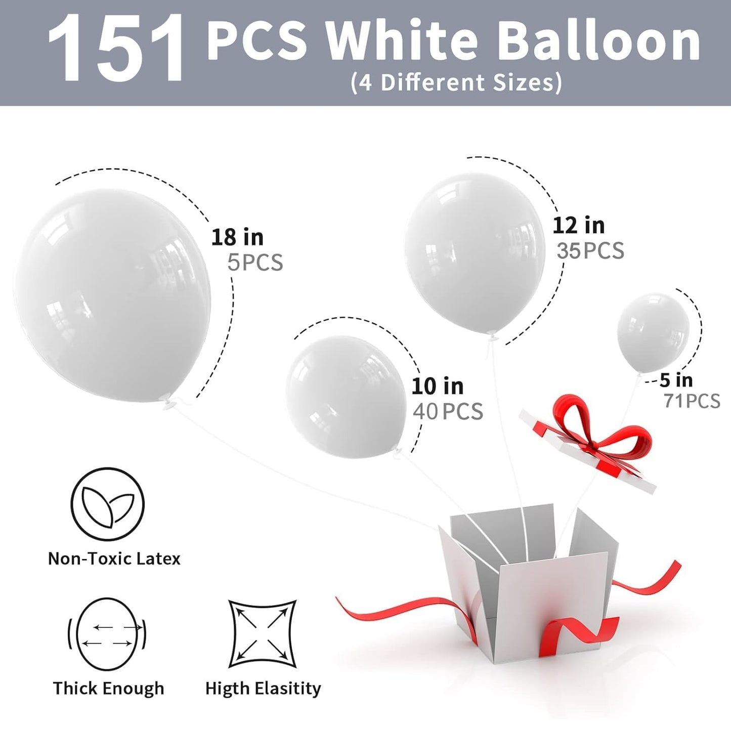 Labeol White Balloons Different Sizes 151Pcs 18/12/10/5 Inch White Balloon Garland Arch Kit Quality Latex Balloons White Decorations For Wedding Party Birthday Baby Shower Graduation