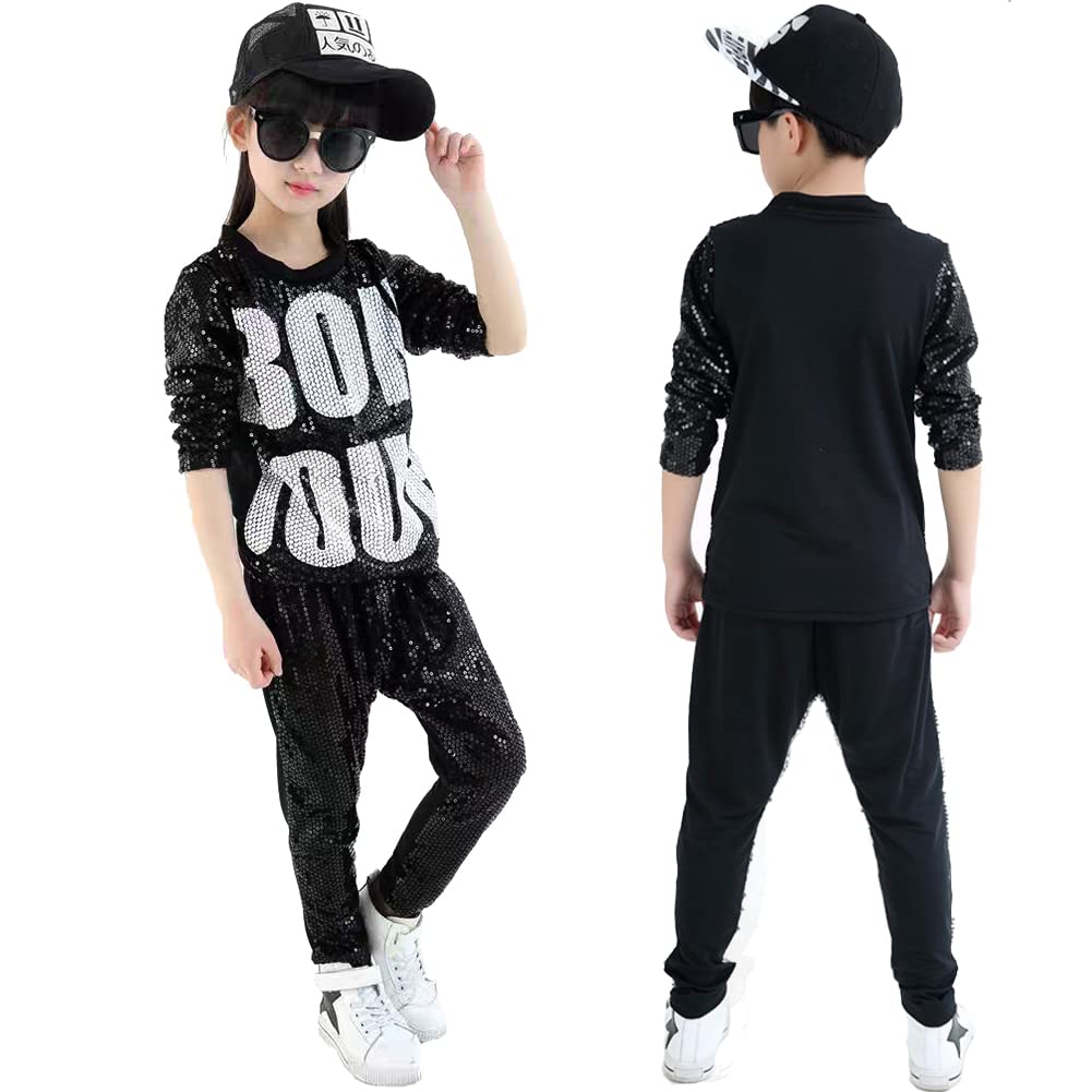 Lolanta Kids Dance Costume Boys Girls Sequins Hip Hop Clothes 80S 90S Outfits Shiny Dress Up Dancewear(Black,10-12)