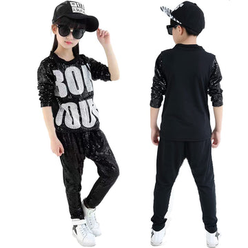 Lolanta Kids Dance Costume Boys Girls Sequins Hip Hop Clothes 80S 90S Outfits Shiny Dress Up Dancewear(Black,10-12)