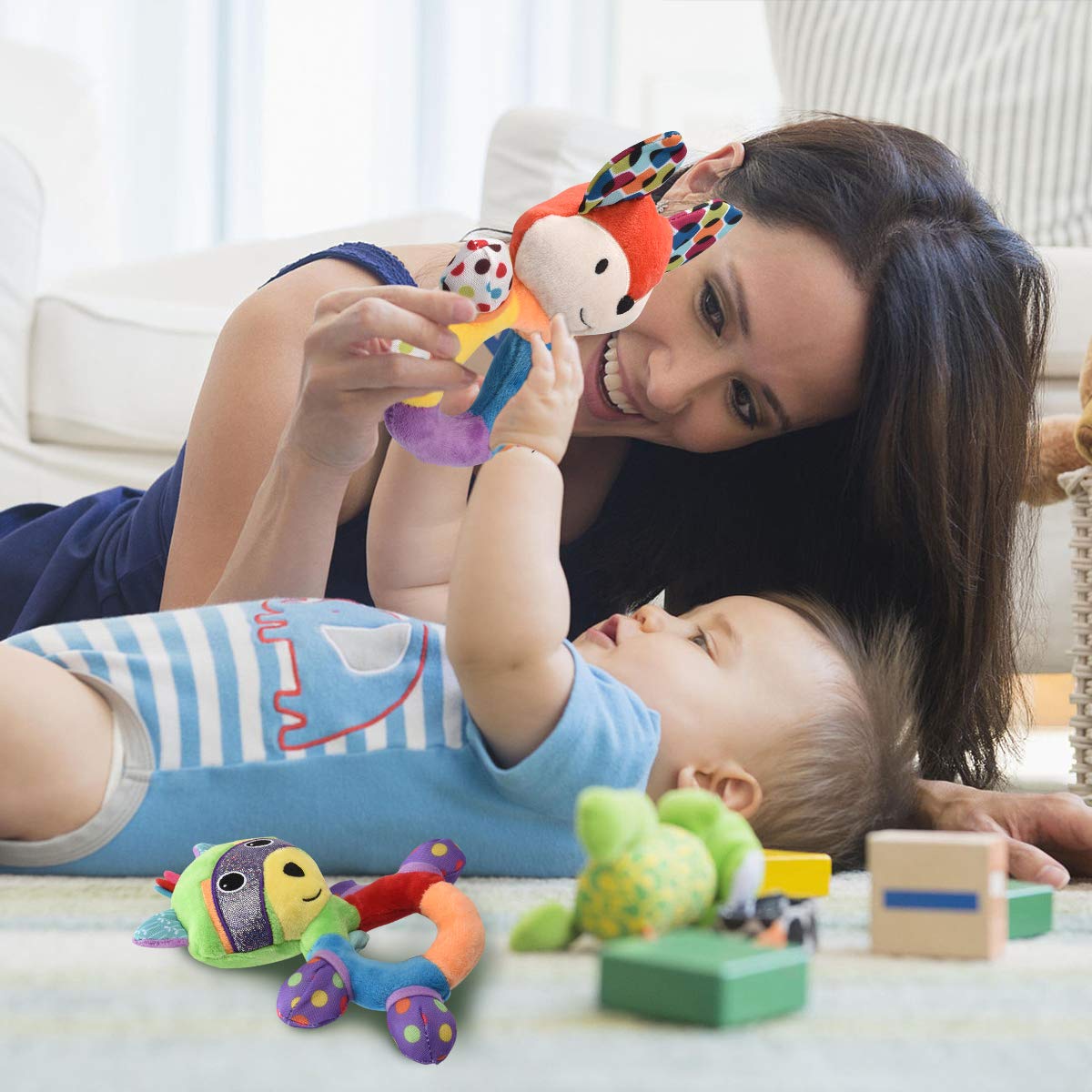 Haha Baby Teething Rattle Toys, Infant Girl Boy Learning Toy Newborn Soft Handbell Grab Shaker Crinkle Squeaky Sensory Travel Ac
