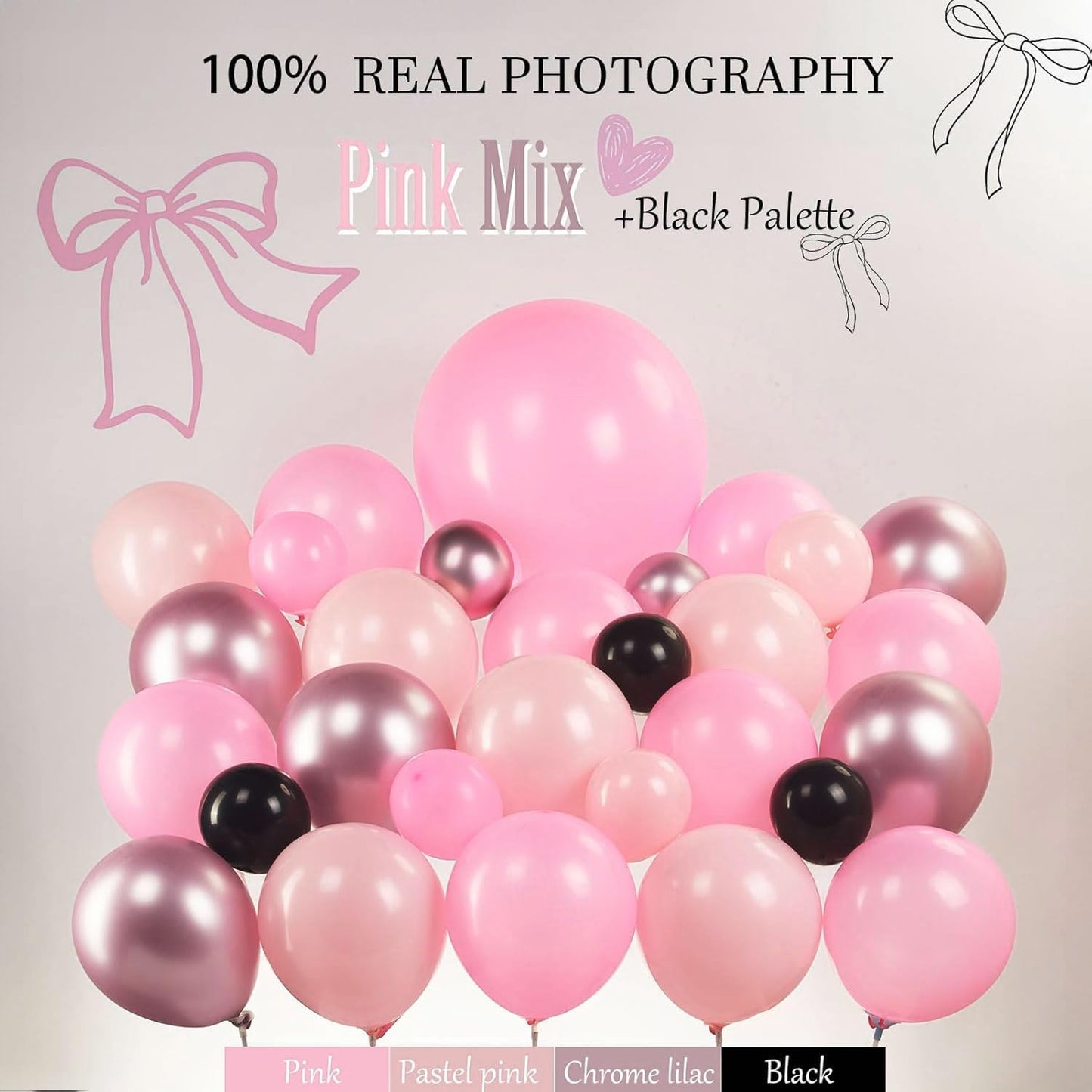 Kozee Coquette Birthday Decoration Kit - 150pcs Balloon Garland Arch, Pastel Pink & Black, Rubber, Cake Topper for Girls Baby Shower Party
