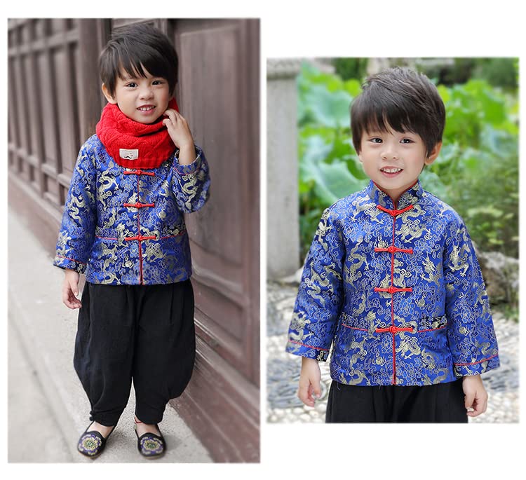 Boy Tang Suit Dragon Long Sleeve Shirt Chinese New Year Outfit Chinese Traditional Clothes For Kids (Blue,6-8 Years)