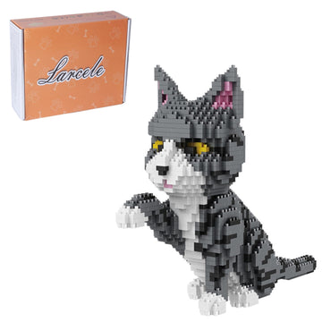 Larcele Cat Mini Building Blocks Animal Set, Diy Micro 3D Building Toy Bricks,1300 Pieces Kljm-05(Grey And White Cat)