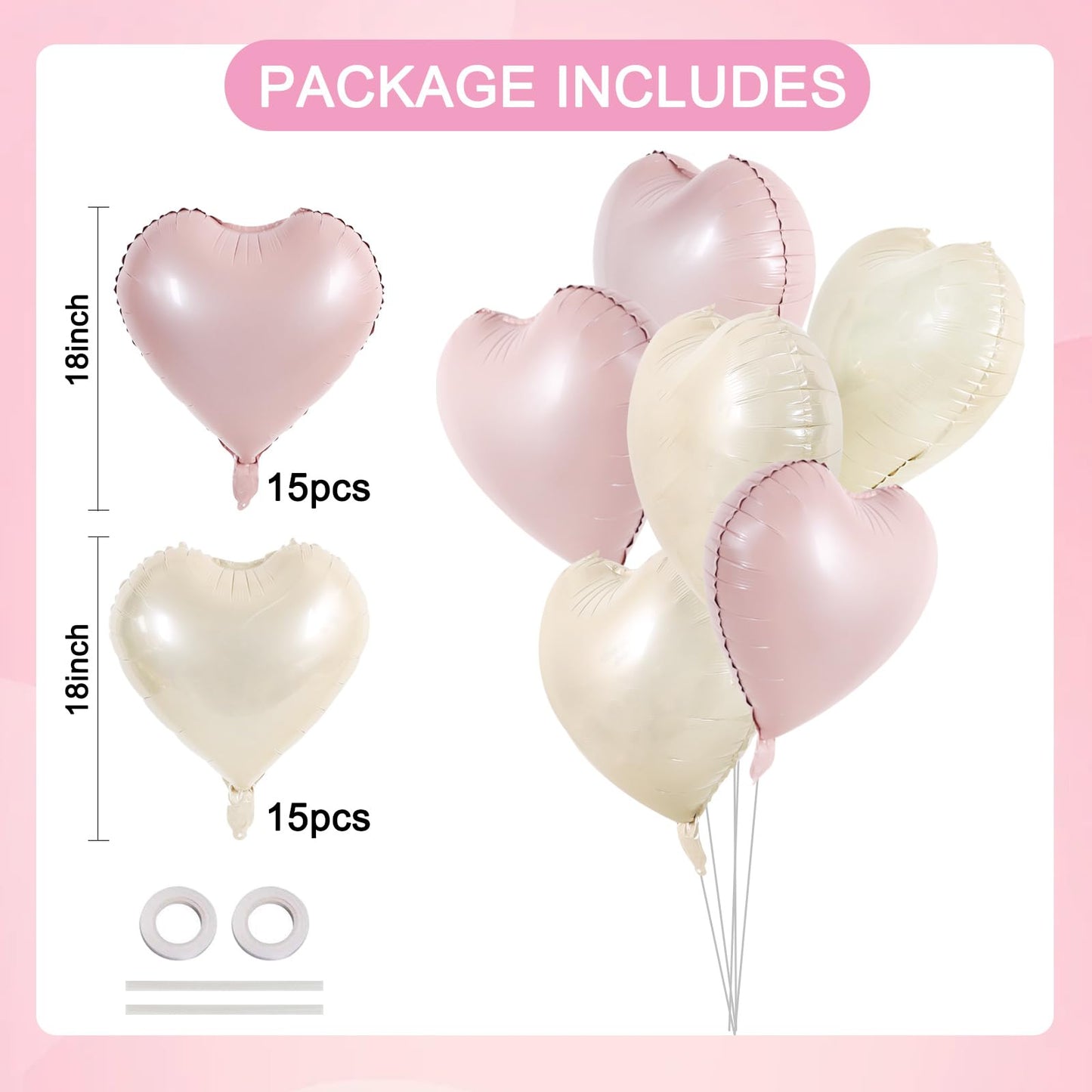 TONIFUL 30Pcs 18 Inch Pastel Pink Cream White Heart Balloons Valentines Day Heart Shape Foil Mylar Balloons Decoration for Valen